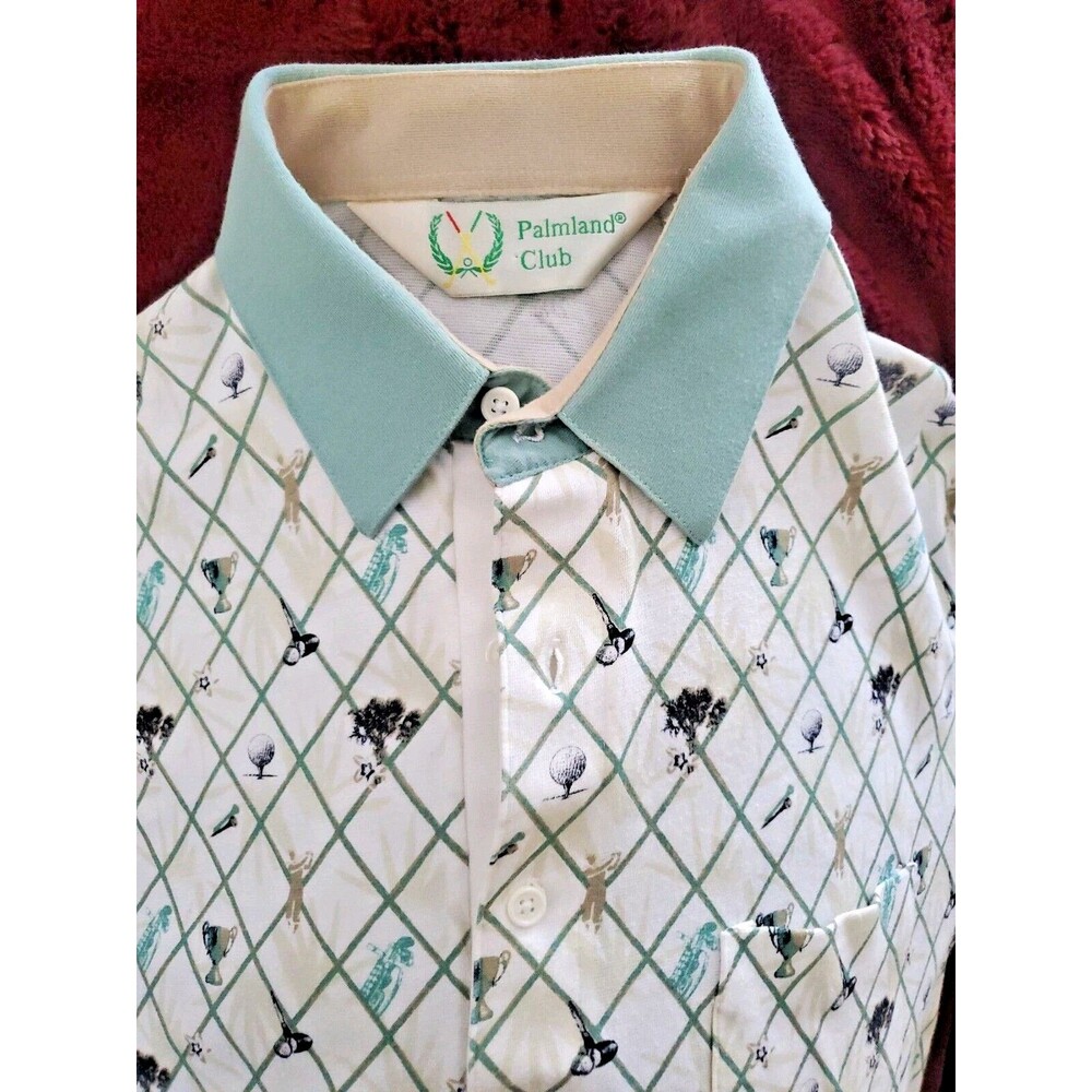 Palmland Club Golf Shirt Medium Vtg 90s Grandpa Core Novelty Print Trophie